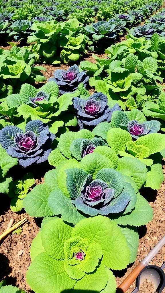 A flourishing kale garden with green and purple kale plants under a sunny sky.